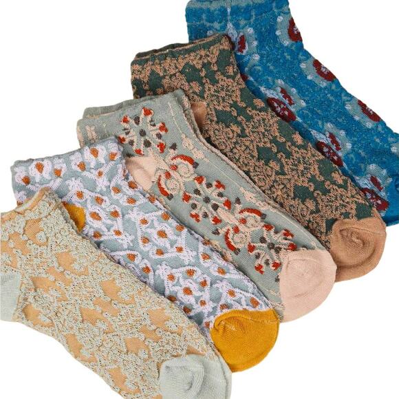 New! 5 Pairs Vintage‎ Court Style Socks Floral Jacquard Textured Low Top Regency - Picture 1 of 2